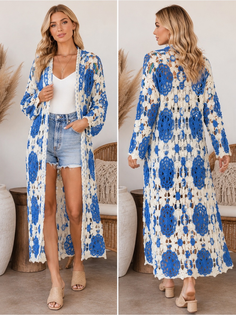 POL One Blue & White Crochet Floral Duster Cardigan | One Size | NWOT